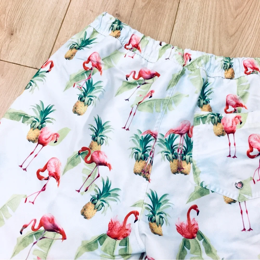 ASOS Men's White Print Swim Trunks shorts palm trees pineapples beachy small